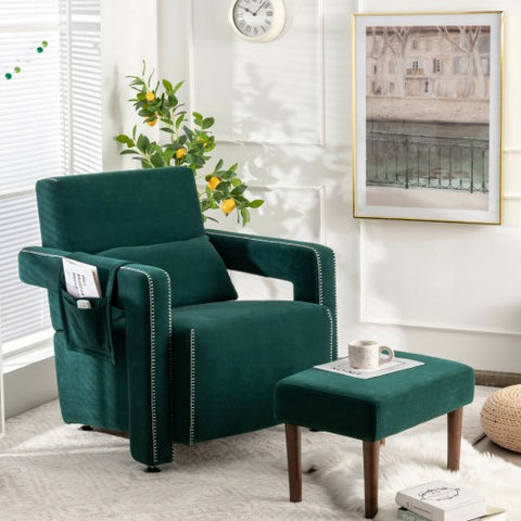 Modern Berber Fleece Single Sofa Chair with Ottoman and Waist Pillow-Green