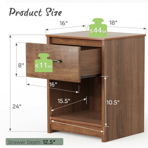 Wooden End Side Table Nightstand with Drawer Storage Shelf-Brown
