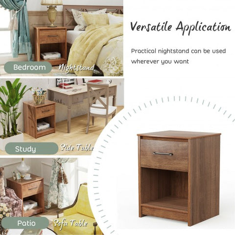 Wooden End Side Table Nightstand with Drawer Storage Shelf-Brown
