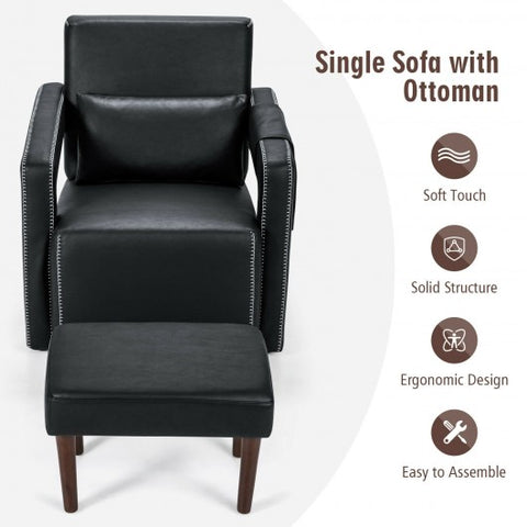 Modern Berber Fleece Single Sofa Chair with Ottoman and Waist Pillow-Black