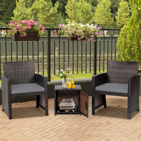 3 Pieces Patio Wicker Furniture Set with Storage Table and Protective Cover-Gray