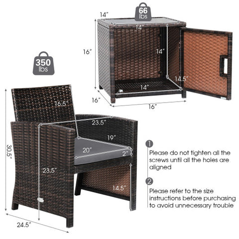 3 Pieces Patio Wicker Furniture Set with Storage Table and Protective Cover-Gray