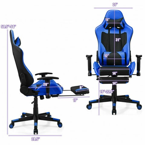 PU Leather Gaming Chair with USB Massage Lumbar Pillow and Footrest -Blue