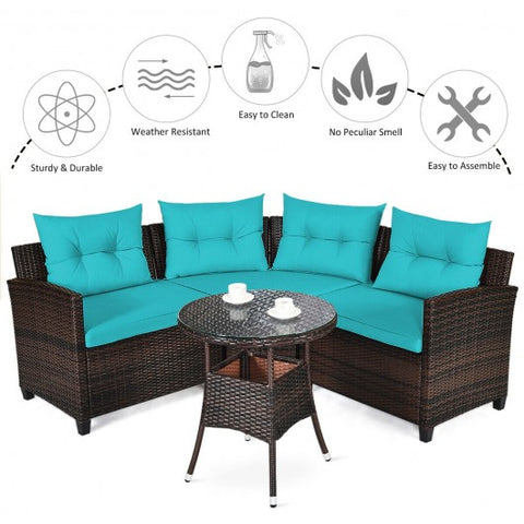 4 Pieces Outdoor Cushioned Rattan Furniture Set-Turquoise