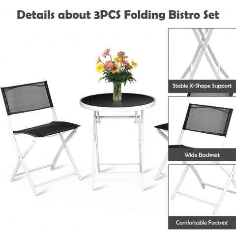 3 Pieces Patio Folding Bistro Set for Balcony or Outdoor Space-Black