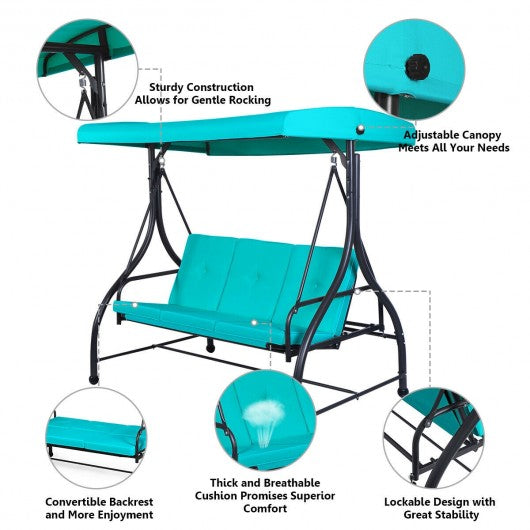 3 Seats Converting Outdoor Swing Canopy Hammock with Adjustable Tilt Canopy-Turquoise