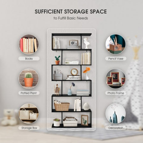6 Tier S-Shaped Bookshelf Storage Display Bookcase Decor Z-Shelf -Black