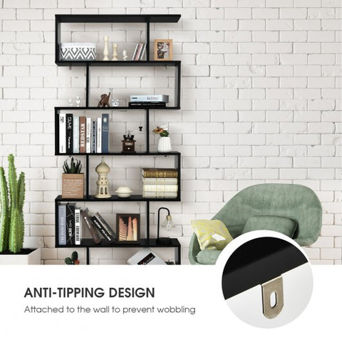 6 Tier S-Shaped Bookshelf Storage Display Bookcase Decor Z-Shelf -Black
