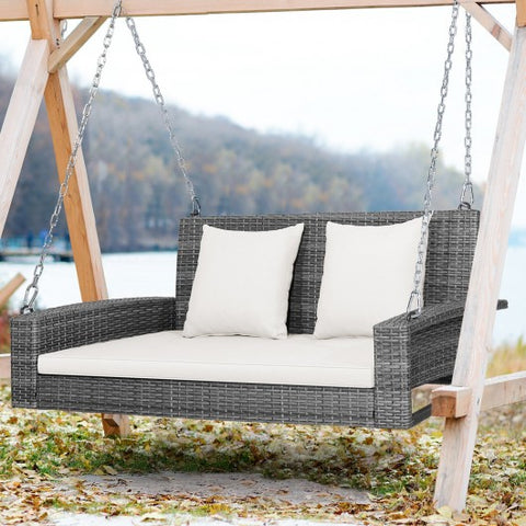 2-Person Patio PE Wicker Hanging Porch Swing Bench Chair Cushion 800 Pounds-White
