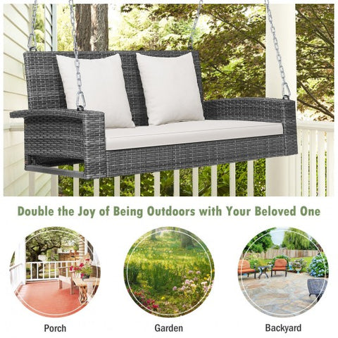 2-Person Patio PE Wicker Hanging Porch Swing Bench Chair Cushion 800 Pounds-White
