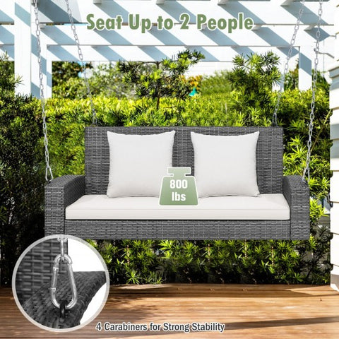2-Person Patio PE Wicker Hanging Porch Swing Bench Chair Cushion 800 Pounds-White