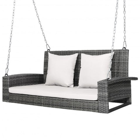 2-Person Patio PE Wicker Hanging Porch Swing Bench Chair Cushion 800 Pounds-White
