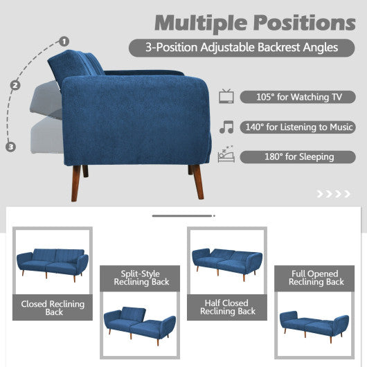 Convertible Futon Sofa Bed Adjustable Couch Sleeper with Wood Legs-Navy