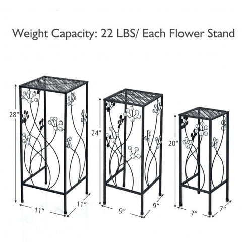 3 Pieces Metal Plant Stand Set with Crystal Floral Accents Square-Black