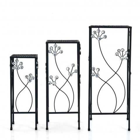 3 Pieces Metal Plant Stand Set with Crystal Floral Accents Square-Black