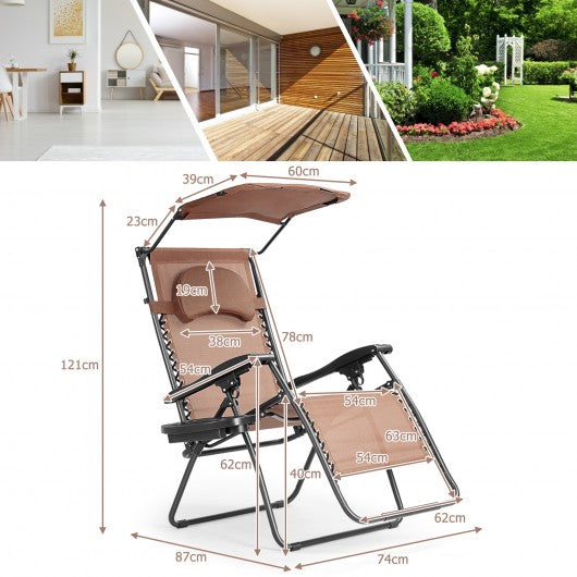 Folding Recliner Lounge Chair with Shade Canopy Cup Holder-Brown