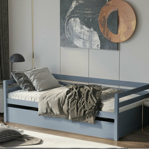 Twin Size Trundle Platform Bed Frame with  Wooden Slat Support-Gray