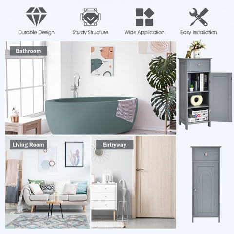 Wooden Storage Free-Standing Floor Cabinet with Drawer and Shelf-Gray