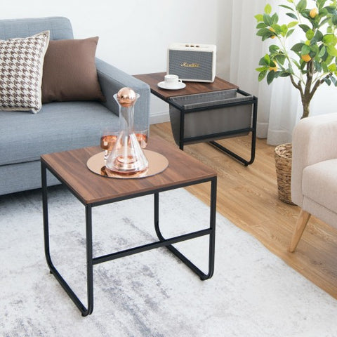 Set of 2 Nesting Coffee Table with Magazine Holder-Rustic Brown