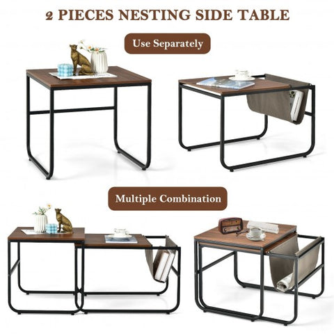 Set of 2 Nesting Coffee Table with Magazine Holder-Rustic Brown