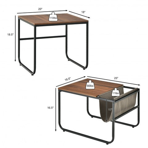 Set of 2 Nesting Coffee Table with Magazine Holder-Rustic Brown