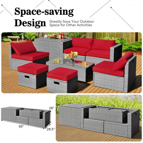 8 Pieces Patio Rattan Furniture Set with Storage Waterproof Cover and Cushion-Red