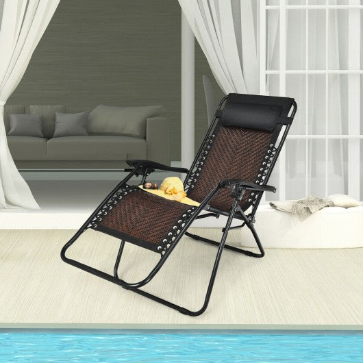 Folding Rattan Zero Gravity Lounge Chair with Removable Head Pillow-Light Brown