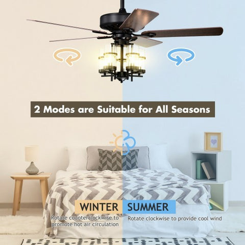 50 Inch Noiseless Ceiling Fan Light with Explosion-proof Glass Lampshades-Black