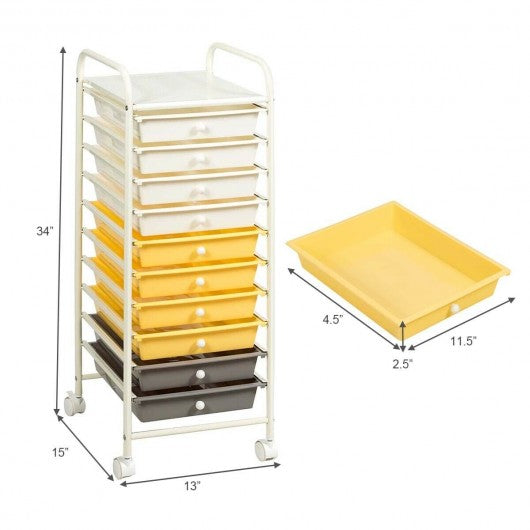 10 Drawer Rolling Storage Cart Organizer-Yellow