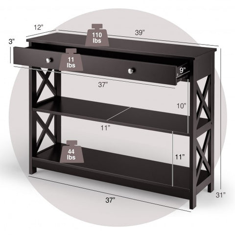Console Table 3-Tier with Drawer and Storage Shelves-Espresso