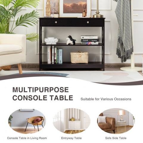 Console Table 3-Tier with Drawer and Storage Shelves-Espresso