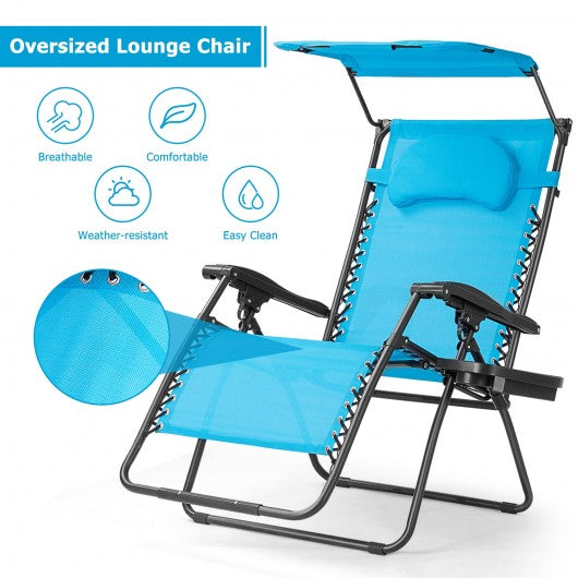 Folding Recliner Lounge Chair with Shade Canopy Cup Holder-Blue