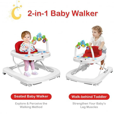 2-in-1 Foldable Baby Walker with Adjustable Heights-Red