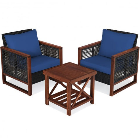 3 Pieces Patio Wicker Furniture Sofa Set with Wooden Frame and Cushion
