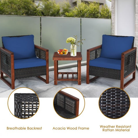 3 Pieces Patio Wicker Furniture Sofa Set with Wooden Frame and Cushion