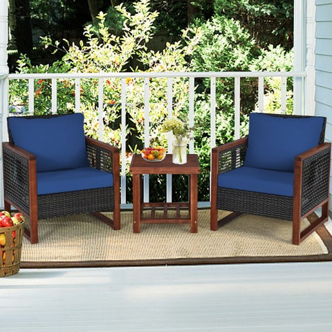 3 Pieces Patio Wicker Furniture Sofa Set with Wooden Frame and Cushion