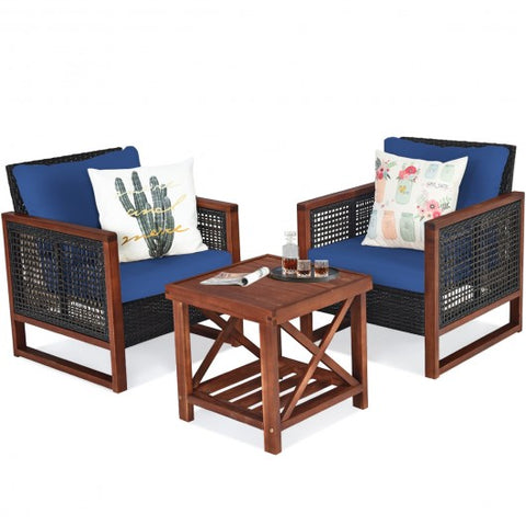 3 Pieces Patio Wicker Furniture Sofa Set with Wooden Frame and Cushion