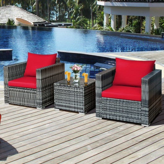 3 Pcs Patio Rattan Furniture Bistro Sofa Set with Cushioned-Red