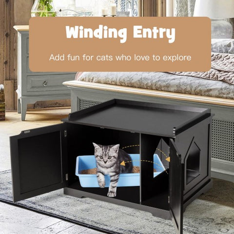 Cat Litter Box Enclosure with Double Doors for Large Cat and Kitty-Black