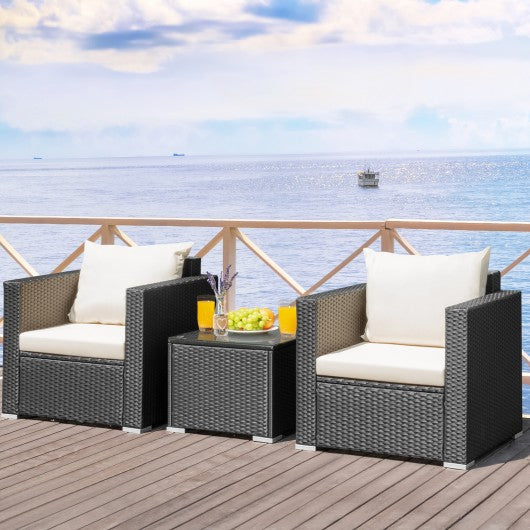 3 Pieces Patio wicker Furniture Set with Cushion-White