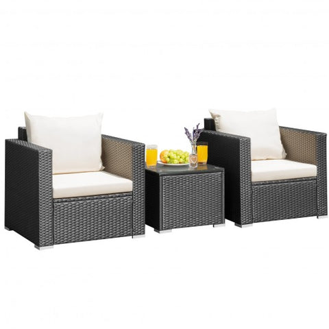 3 Pieces Patio wicker Furniture Set with Cushion-White