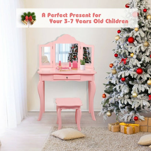Kids Makeup Dressing Mirror Vanity Table Stool Set-Pink