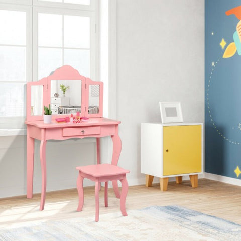 Kids Makeup Dressing Mirror Vanity Table Stool Set-Pink