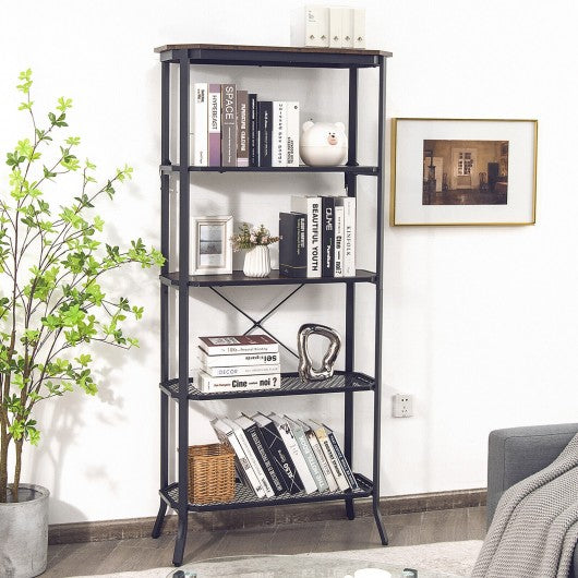 Industrial 5-Layer Bookshelf with Out-Stretched Legs-Rustic Brown