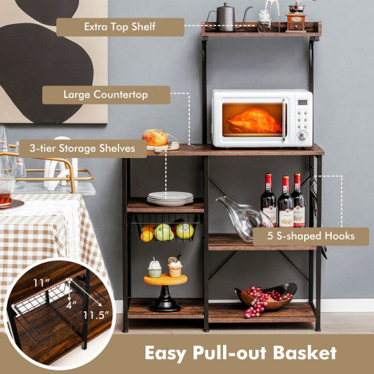 4-tier Kitchen Baker's Rack with Basket and 5 Hooks-Dark Brown