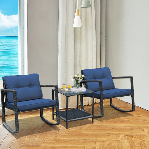 3 Pcs Patio Rattan Set Rocking Chair Cushioned Sofa Garden Furniture-Navy