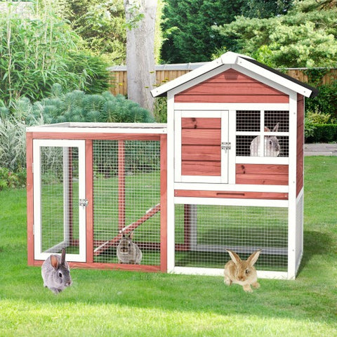 2-Story Wooden Rabbit Hutch with Running Area-White