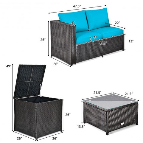4 Pcs Outdoor Patio Rattan Furniture Set with Cushioned Loveseat and Storage Box-Turquoise