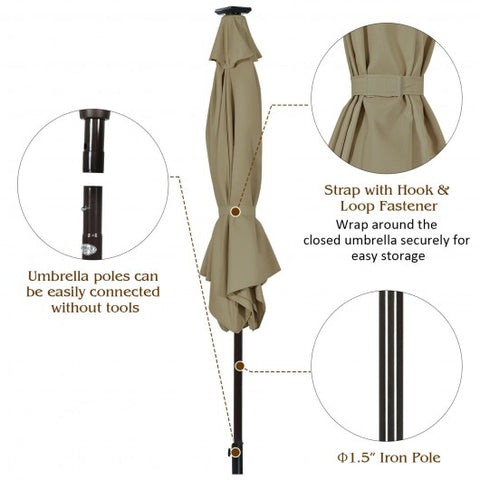 9 Feet Solar LED Lighted Patio Market Umbrella Tilt Adjustment Crank Lift-Tan