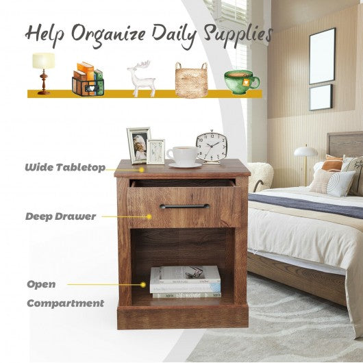 Compact Nightstand with Drawer and Shelf-Brown